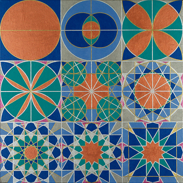 Panel 1 of a painting of the straight-edge and compass construction of a 
			motif from the Ben Yusef Madrasa