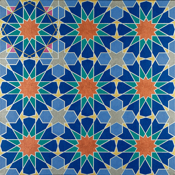Panel 2 of a painting of the 
			straight-edge and compass construction of a motif from the Ben Yusef Madrasa